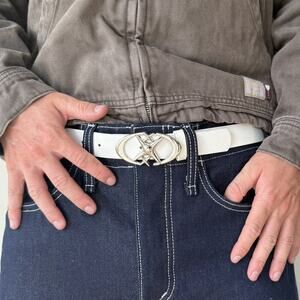 2000s White Silver Star Belt Adjustable Fits 26-34 Unisex Y2K Streetwear